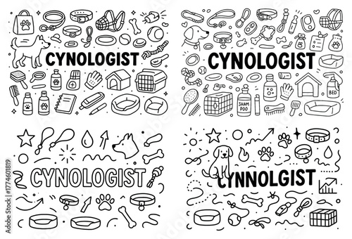 Cynologist themed illustrations with dog accessories