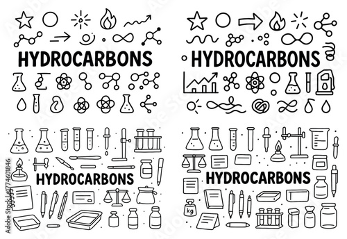 Hydrocarbons chemistry icons and laboratory equipment