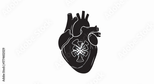 Striking black and white illustration of a human heart with intricate internal detail