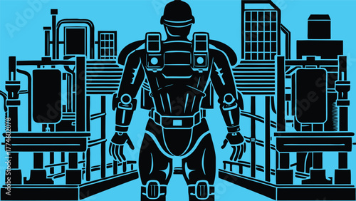 Abstract background with modern city vector illustration and cyborg woman warrior in metal armor holding a sword