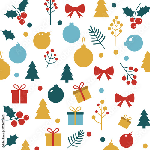 Festive christmas pattern with ornaments trees gifts holly and bows on white background