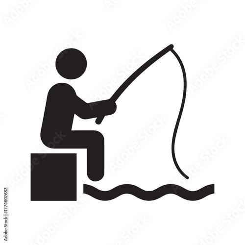 Fishing icon, fisherman sitting with a rod, angling pictogram symbol, outdoor hobby vector illustration.
