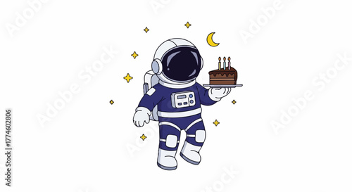 Illustration of an astronaut in a blue spacesuit holding a chocolate cake with candles against a white background with stars and a crescent moon.