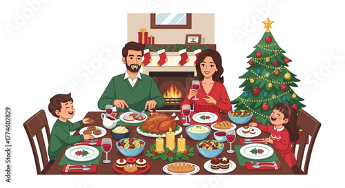 A happy family enjoys a festive Christmas dinner by a cozy fireplace with a decorated tree and abundant food