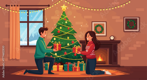 Cozy Christmas Couple Exchanging Gifts by the Decorated Tree in Warm Home Interior