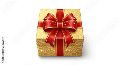 Golden Gift Box with Red Ribbon A Festive Symbol of Celebration and Surprise