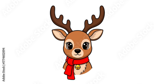 Cute Reindeer with Red Scarf and Bell A Festive Holiday Illustration