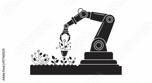 Robotic arm tending to digital plants, symbolizing smart farming and agricultural technology.