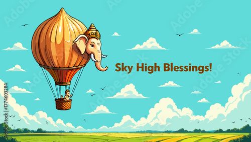 Lord ganesha in a hot air balloon offering sky high blessings