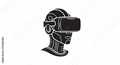 Futuristic robot head wearing a virtual reality headset, exploring new dimensions.