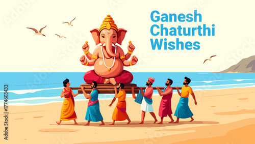 Ganesh chaturthi celebration with people carrying idol on the beach