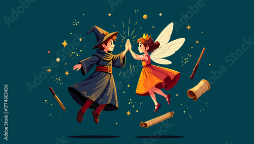 A wizard and a fairy are giving high five in a magical celebration