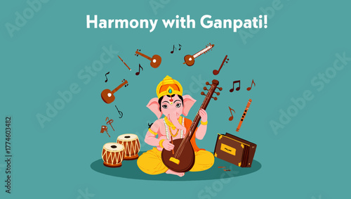 Lord ganesha playing sitar with musical instruments in a festive celebration