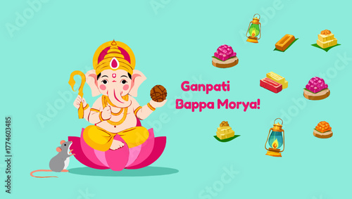 Lord ganesha with sweets and mouse in a festive celebration illustration
