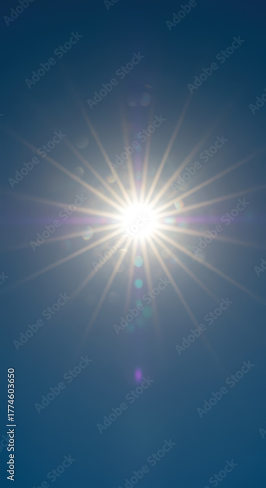 Obraz premium A dazzling celestial body radiating powerful daylight high above, featuring intense solar rays and brilliant atmospheric glow on a clear day ,celestial ,abstract ,summer