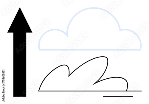 Black upward arrow next to a light cloud and abstract ground lines showcasing aspiration, opportunity, innovation, motivation, success, direction, growth in a simple flat metaphor