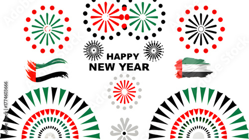 Happy new year celebration with united arab emirates flag and decorative elements on a white background