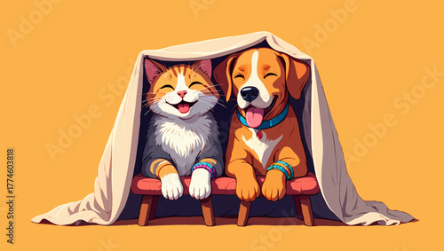 A happy cat and dog are sitting together under a blanket on a bench