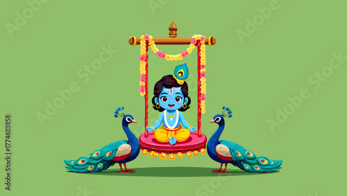 Baby krishna is sitting on a swing with two peacocks on the sides