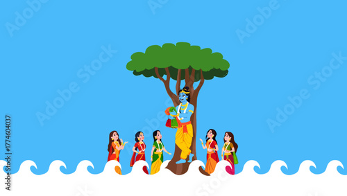 Lord krishna with gopis under a tree on a blue background