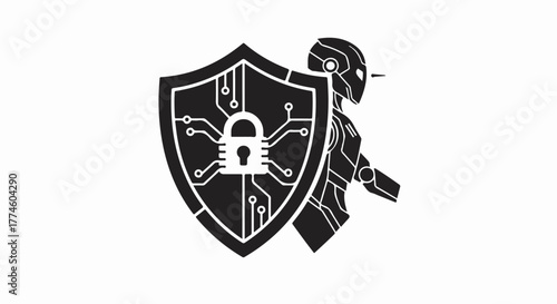 Futuristic robot guarding digital shield with padlock symbol for cybersecurity and data protection