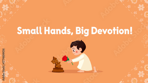 A child offering a rose to a deity with small hands, big devotion