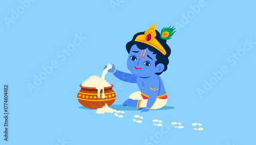 Illustration baby krishna stealing butter from a pot on light blue background