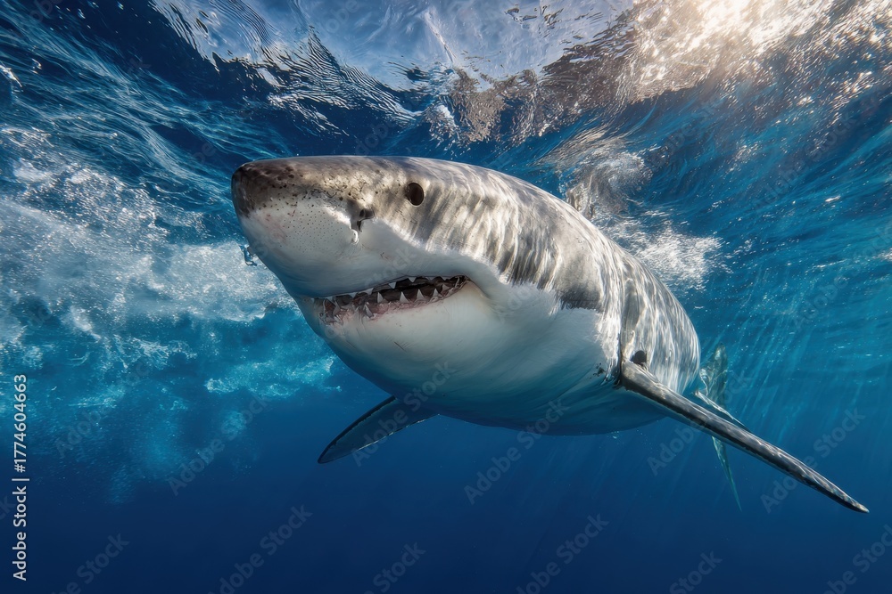 Naklejka premium Majestic great white shark swimming gracefully in crystal-clear waters, showcasing sharp teeth and an open mouth, while shimmering surface reflects captivating blue hues of the vibrant ocean