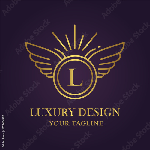 Sophisticated golden winged emblem featuring the letter l within a circular frame, presented on a deep purple backdrop, representing prestige and style