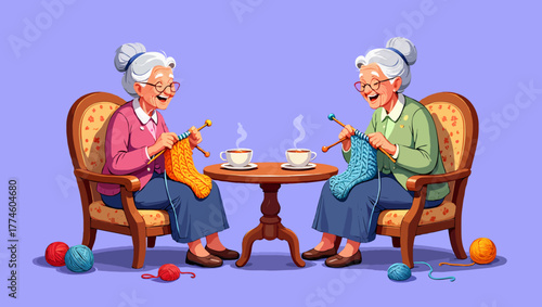 Two grandmothers knitting together and drinking tea in a cozy atmosphere