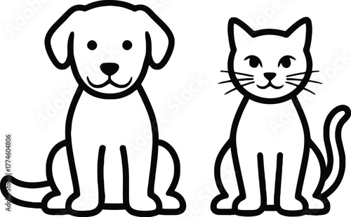 Adorable pet friends sitting patiently together, perfect for vet clinics, children's books, and animal care promotions. Line art for easy customization.