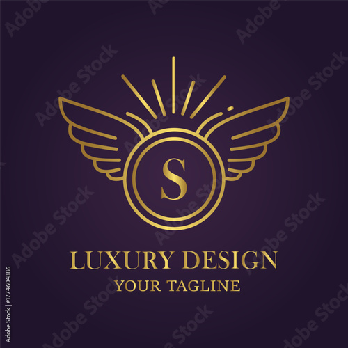 Sophisticated golden emblem featuring wings and the letter s, representing luxury, prestige, and highend brands, ideal for corporate identity