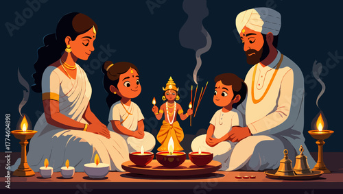 Indian family celebrating diwali festival with candles and prayer
