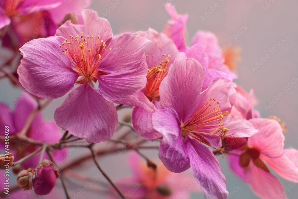 Obraz premium Delicate Pink Blossoms with Golden Stamens in Romantic Soft Focus Background