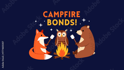 Fox, owl and bear celebrate campfire bonds with marshmallows at night