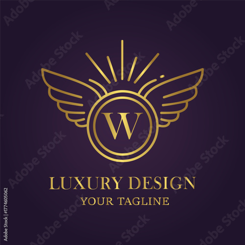 Elegant golden winged emblem with letter w, luxury design and tagline on dark purple background