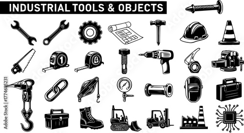 Industrial Tools  Objects Vector Illustration: Wrench, Gear, Blueprint, Hammer, Hardhat, Saw, Tape Measure, Bolt, Drill, Loader, Forklift, and More