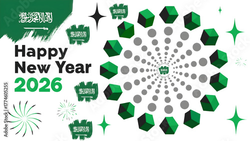 Happy new year greeting card for saudi arabia in with cubes and flag elements for the year of twenty twenty six