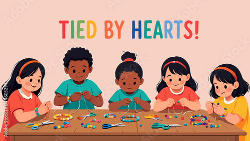 Group children making friendship bracelet, tied by hearts, kids activity