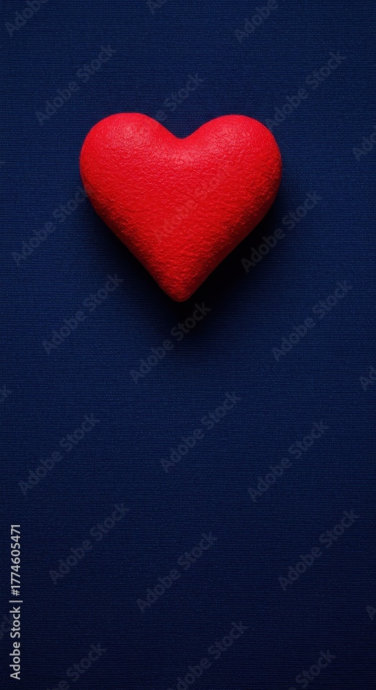 Obraz premium Textured scarlet red heart decoration resting on a deep indigo blue textile backdrop, suitable for love, romance, or greeting cards ,ornament, red, symbol