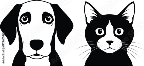 Adorable black and white dog and cat illustration perfect for pet lovers, animal themes, and cute designs for cards, posters, and social media