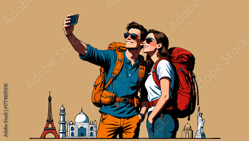Couple taking selfie while traveling with backpacks near world landmarks