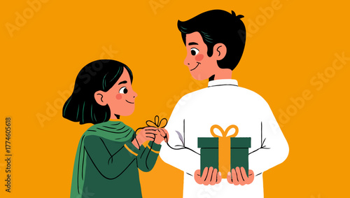 A sister tying rakhi on her brothers wrist with a gift in hand