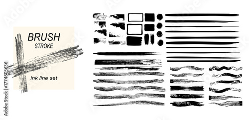 Set of straight line vector brush strokes black hand-drawn stripes and smears. 