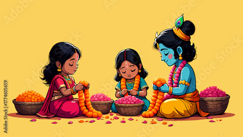 Krishna and radha with devotees making flower garlands for worship