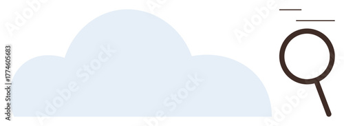 Abstract cloud shape alongside magnifying glass in motion lines representing data storage, analysis, online security, digital tools, innovation, cloud technology, and internet services. Simple flat