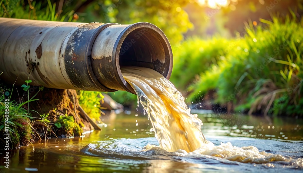 Fototapeta premium Large pipe discharging murky liquid into a flowing stream surrounded by vibrant green vegetation and bathed in warm sunlight. The scene depicts a possible environmental issue