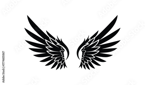Black angel wings silhouette isolated on white background