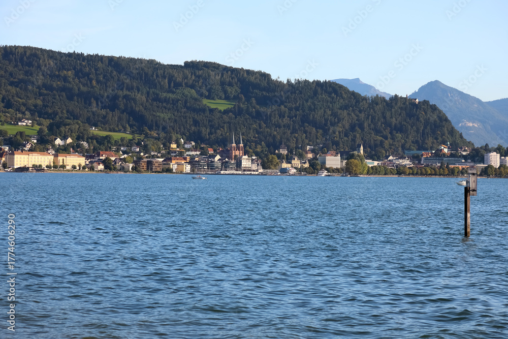 Naklejka premium Bregenz is seen across Lake Constance from Lochau in Austria