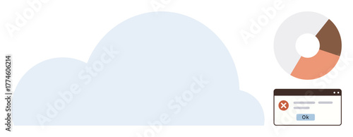 Cloud element with a pie chart and an error dialog box representing technology issues and data challenges. Ideal for cloud computing, error handling, tech maintenance, analytics, system failure
